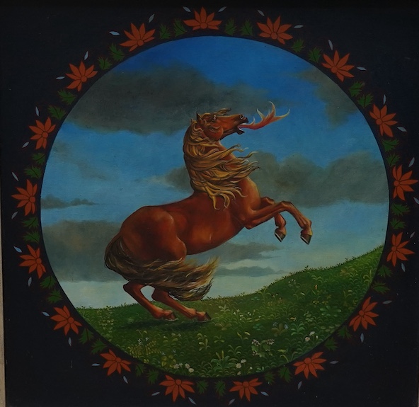 Patrick Faulkner, decorative oil on board, Study of a horse, ‘Equus’, 28 x 28cm